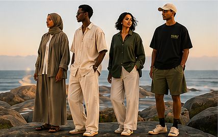 Four people in HURU linen shirts, trousers, shorts and an abaya standing on dark rocks by the sea at dusk