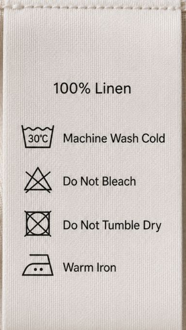 HURU care label reading 100% Linen, machine wash cold, do not bleach, do not tumble dry, warm iron