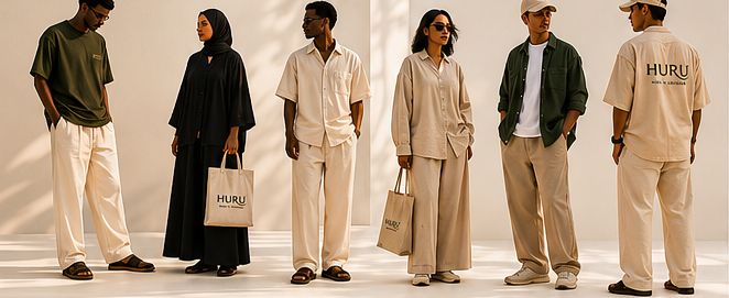Six people wearing HURU T-shirts, shirts, trousers, shorts, an abaya, caps and totes in natural and green tones