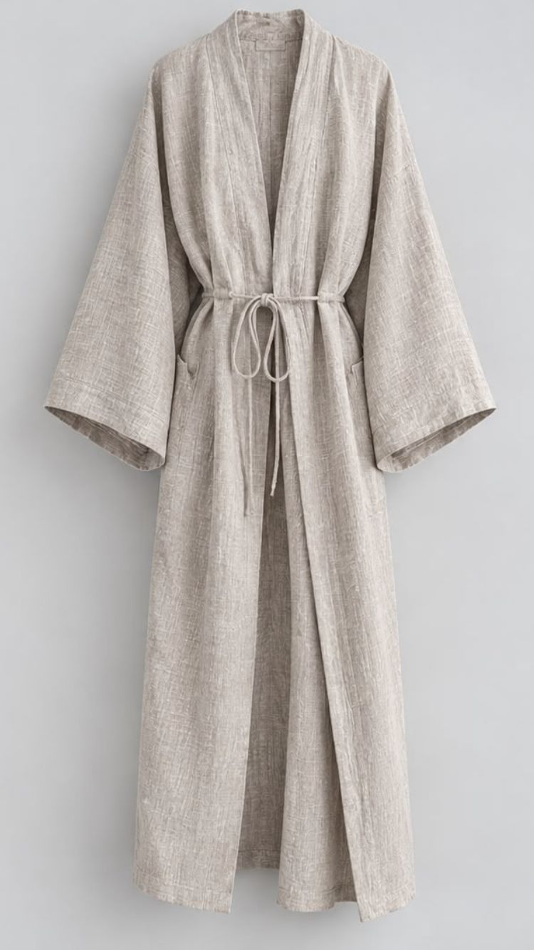 Long grey linen robe with a tie belt, shown on its own
