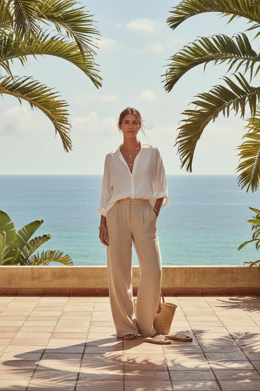 Woman in a white linen shirt and sand trousers on a sunlit terrace above the ocean