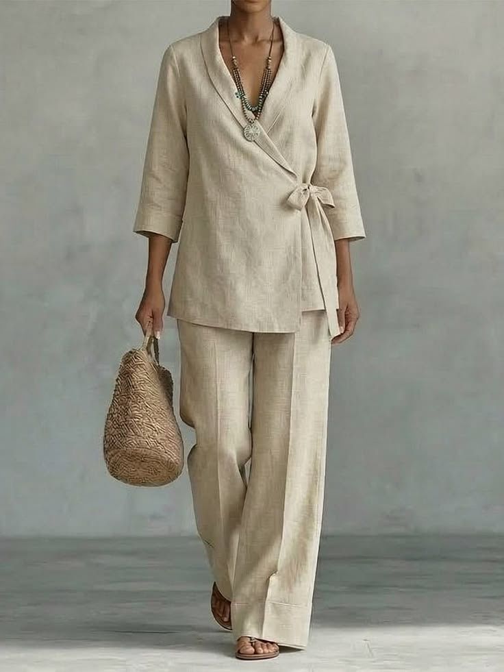 Woman in a sand linen wrap top and wide trousers, carrying a woven bag